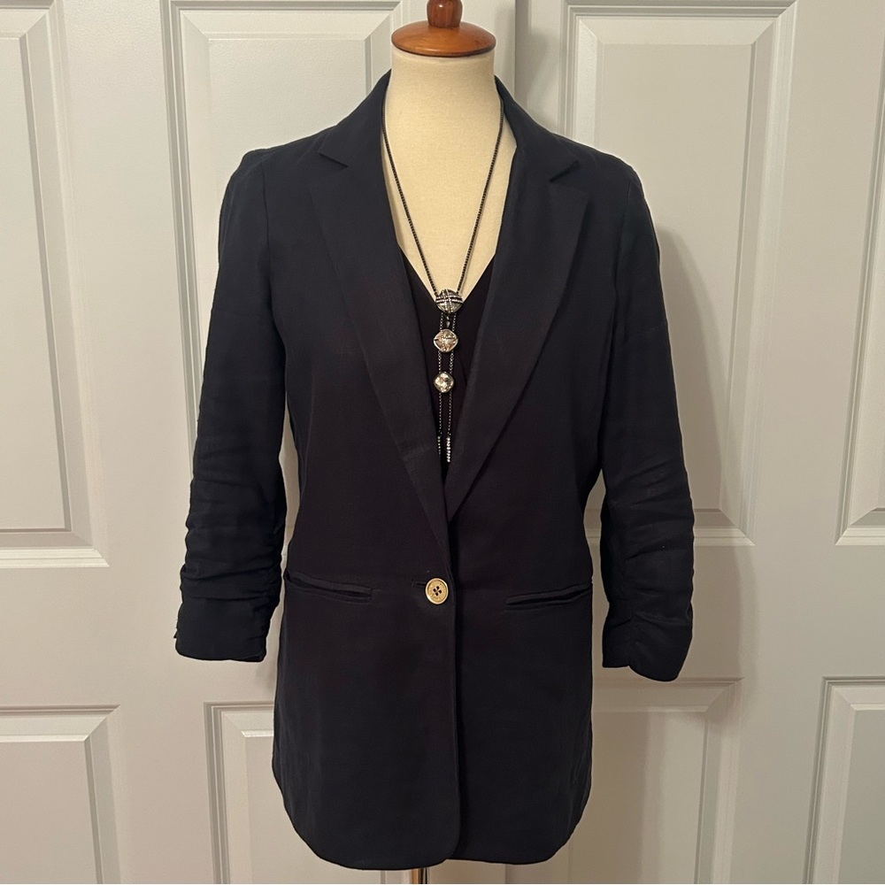 MICHAEL KORS Navy Linen Ruched Sleeves Blazer